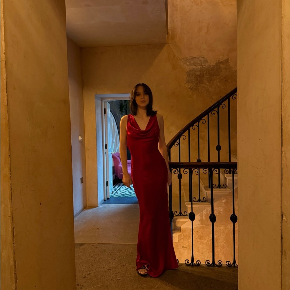Mirror Palais Red Maxi Gown with Asymmetrical Neckline and High Slit